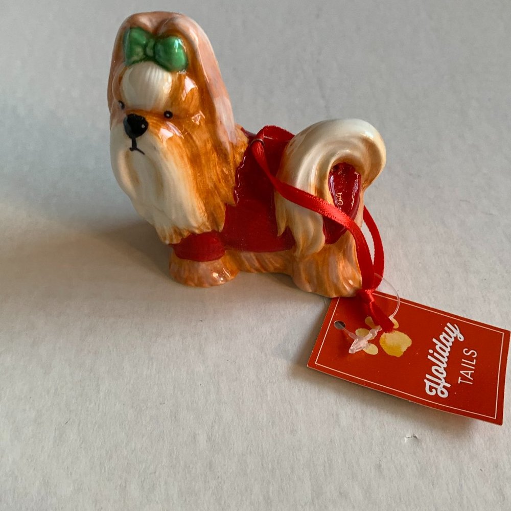 Ceramic Shih Tzu Dog Wearing Red Coat Christmas Ornament NEW